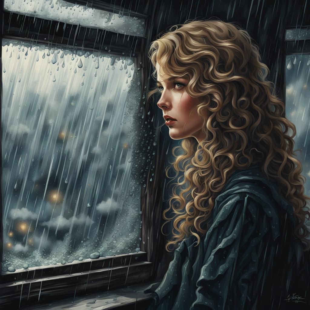 Melancholy Woman at Rainy Window in Sinister Style