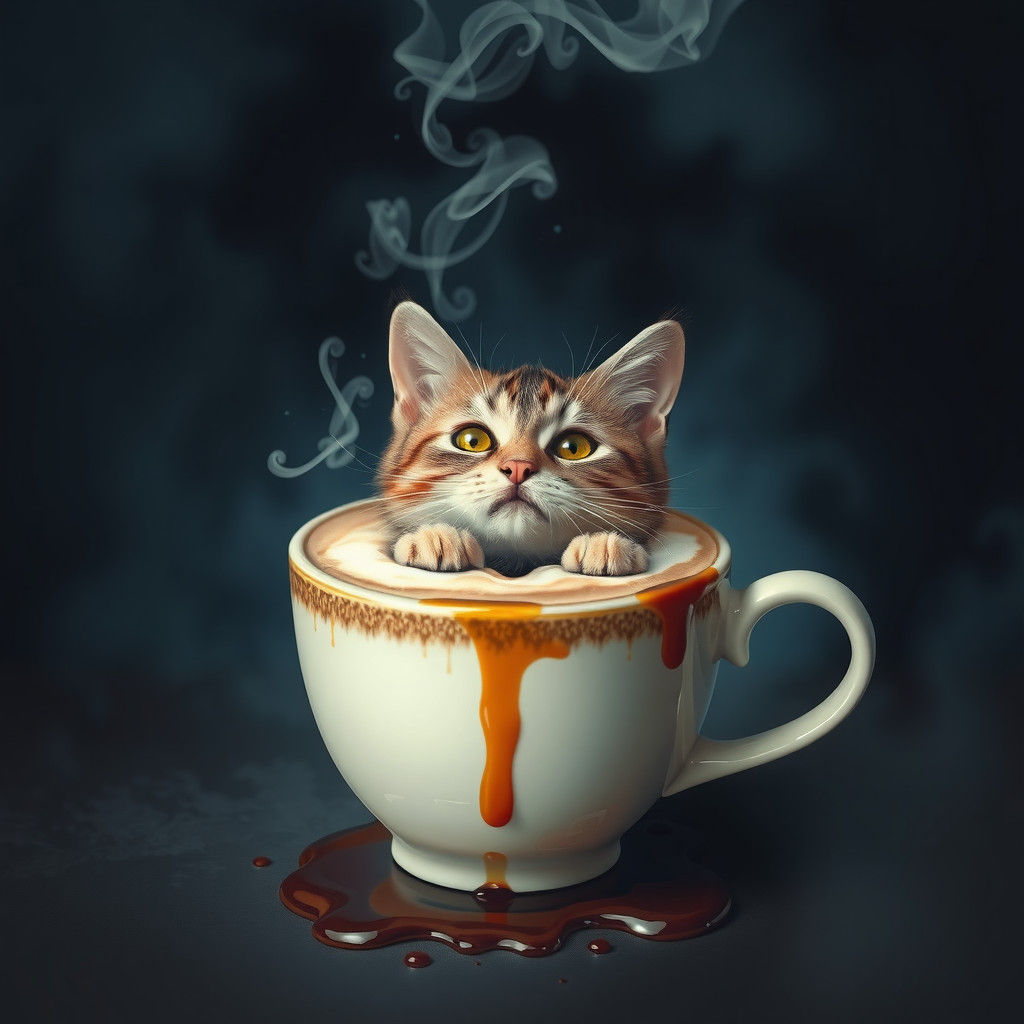 Whiskered Cat Emerges from Latte: Matte Painting