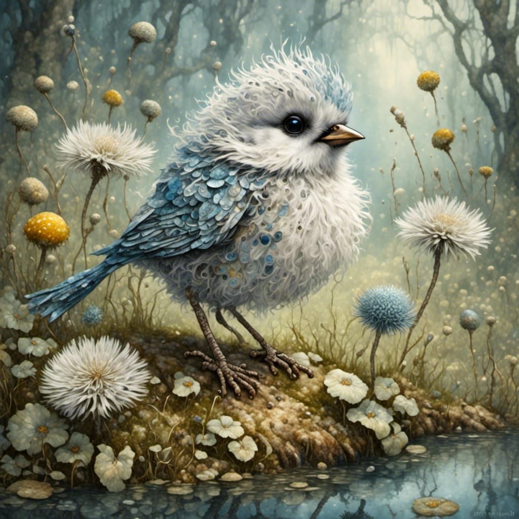 Silver Bird on Dandelion in Tapestry Style