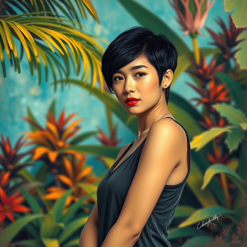 Indonesian Woman in Tropical Setting, Impressionistic Style