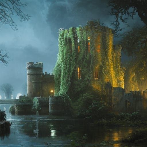 Epic Ruined Castle by River in Dark Fantasy Style