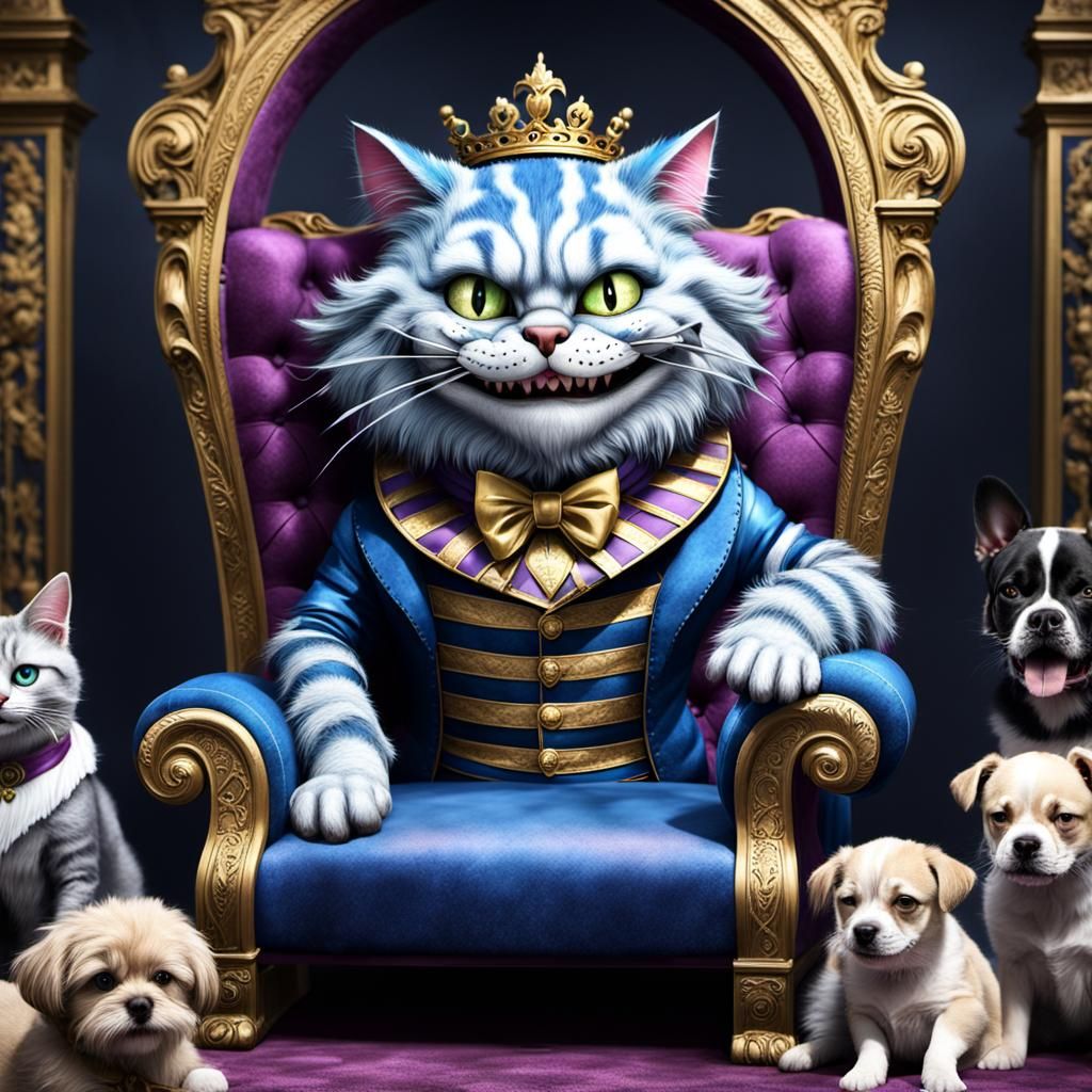 Regal Cheshire Cat on Throne with Dogs