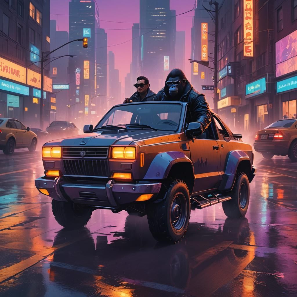 Gorilla Man Drives Car Through Neon Cityscape