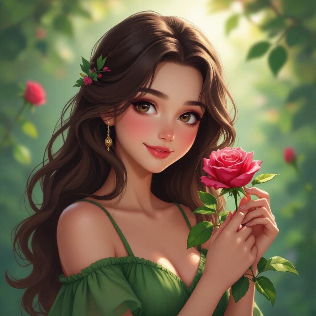 Brown Haired Girl in Green Dress Smiles at Rose