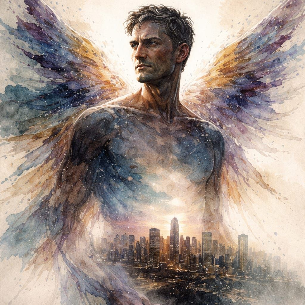 Mature Angel Portrait with Ethereal Wings and City Sky