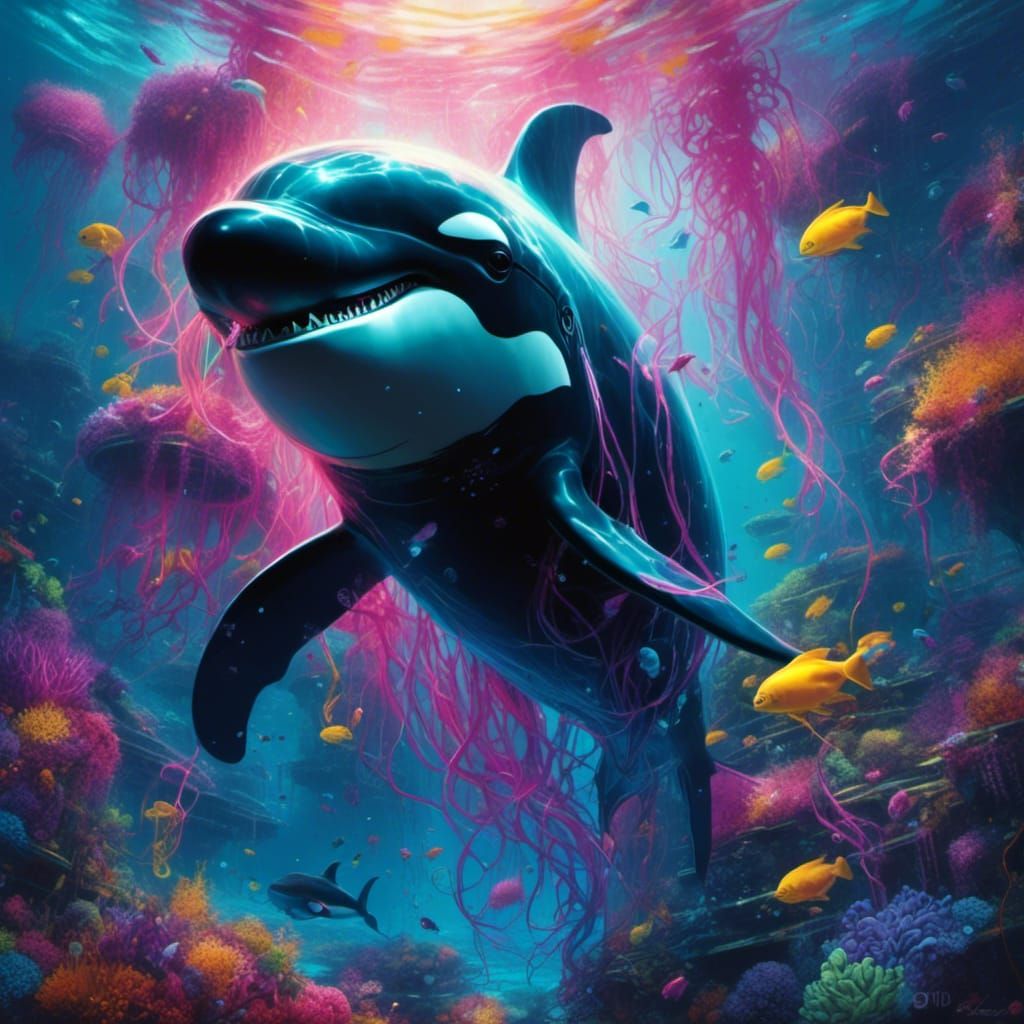 Glowing Killer Whale in Bioluminescent Cyberpunk Ocean
