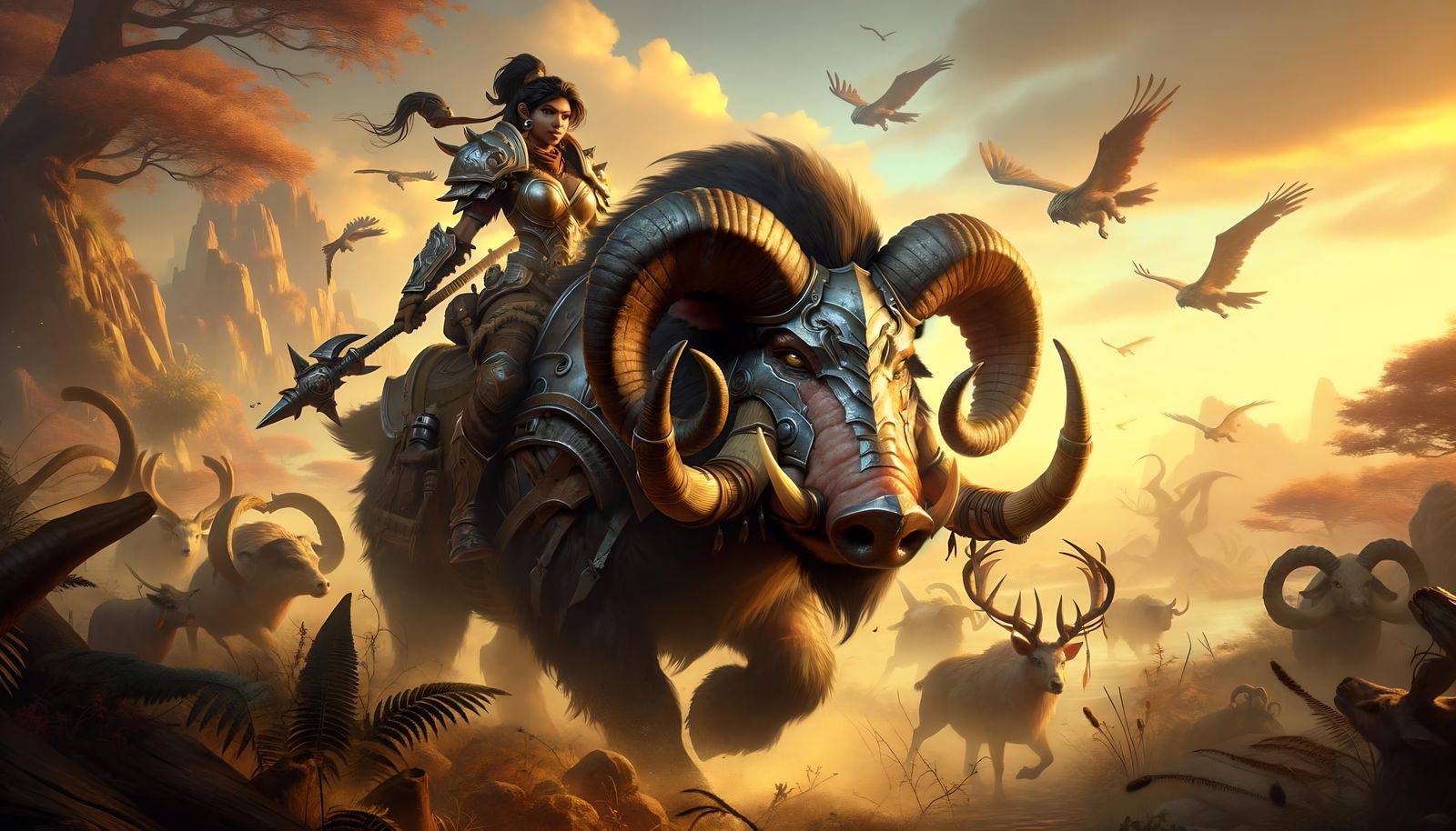 Armored Warrior Woman Riding Boar in Fantasy Landscape
