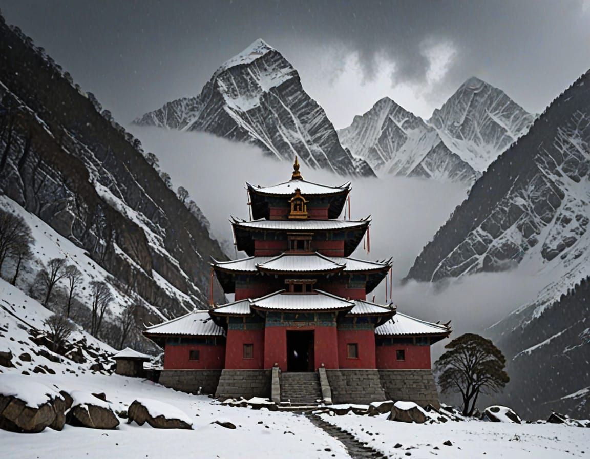 Temple Amidst Himalayan Snowstorm Fury