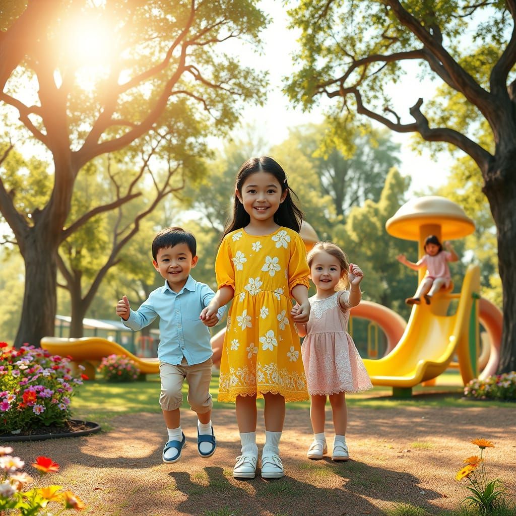 Joyful Haredi Girls Play in a Vibrant Summer Playground