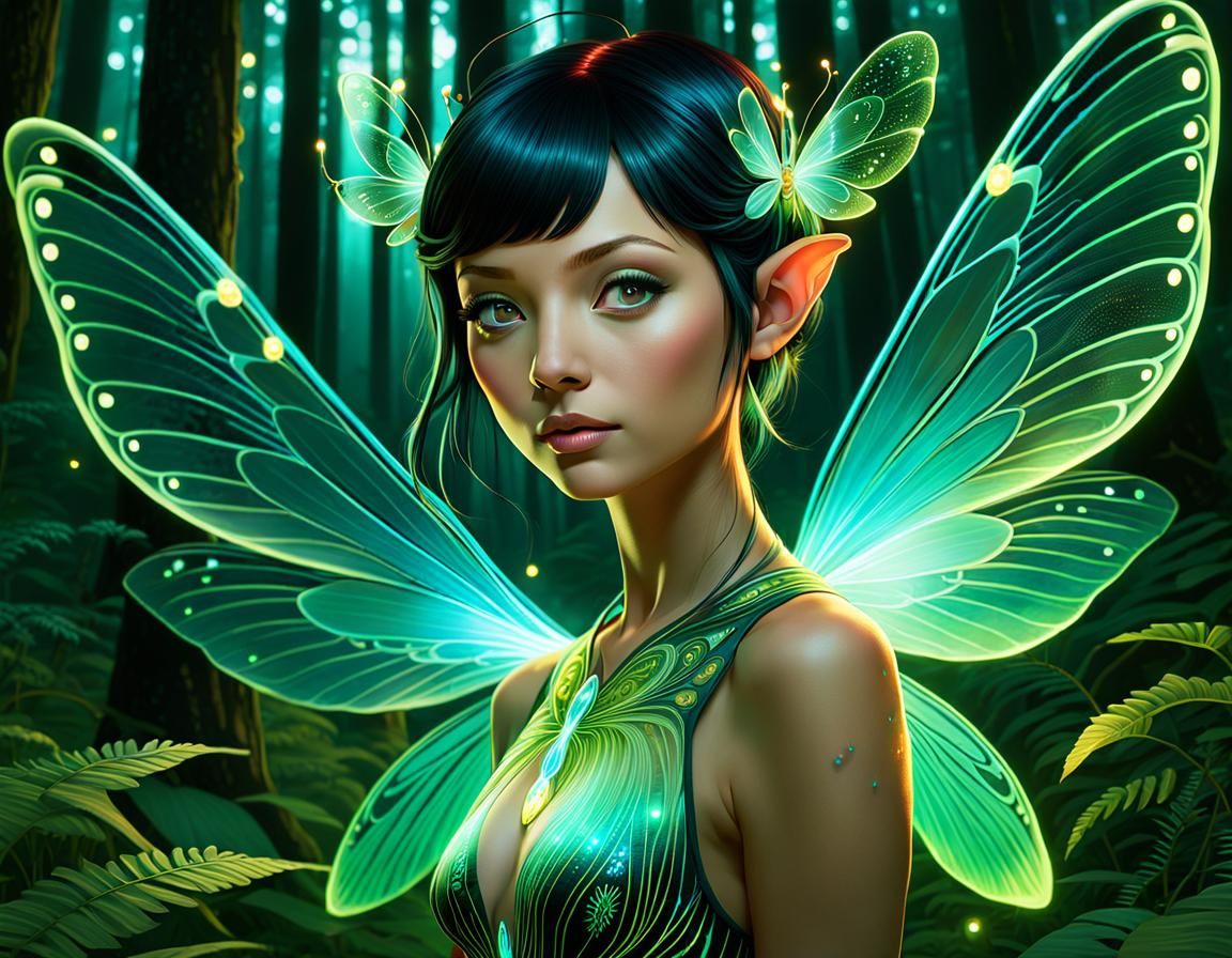 Ethereal Pixie Portrait with Bioluminescent Wings