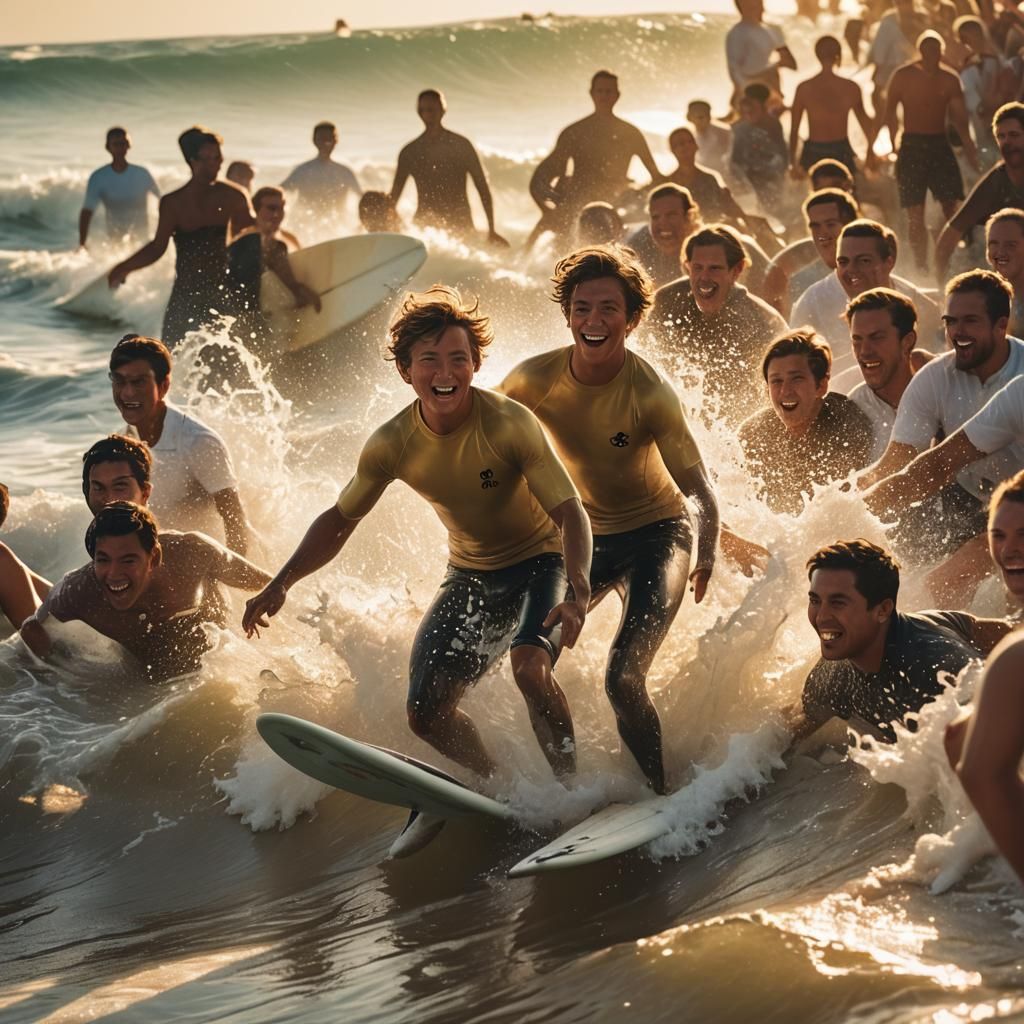 Boy Surfing Through Crowd: Action Photography