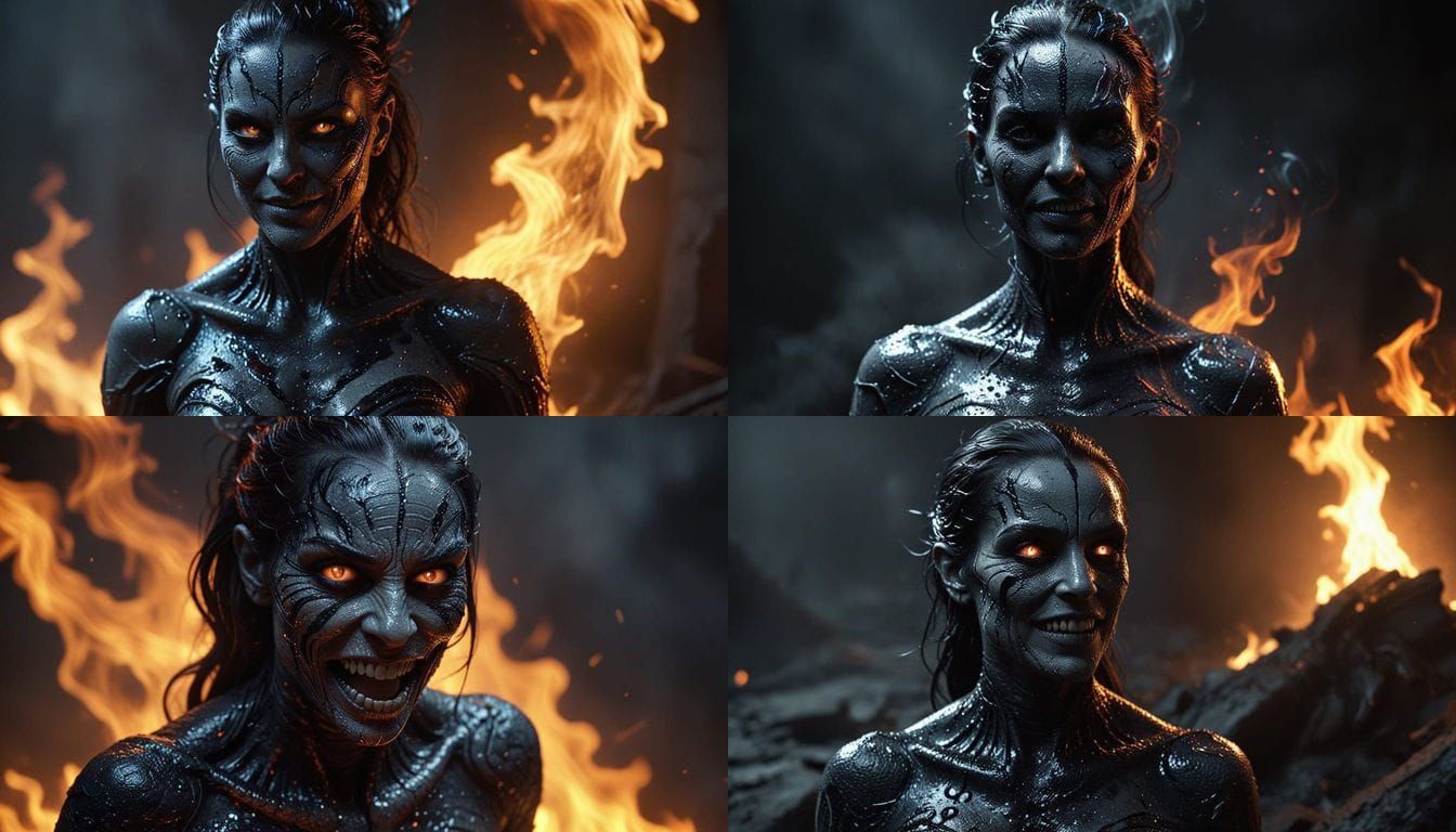 Smirking Viper-Woman with Melting Skin in Dark Fire