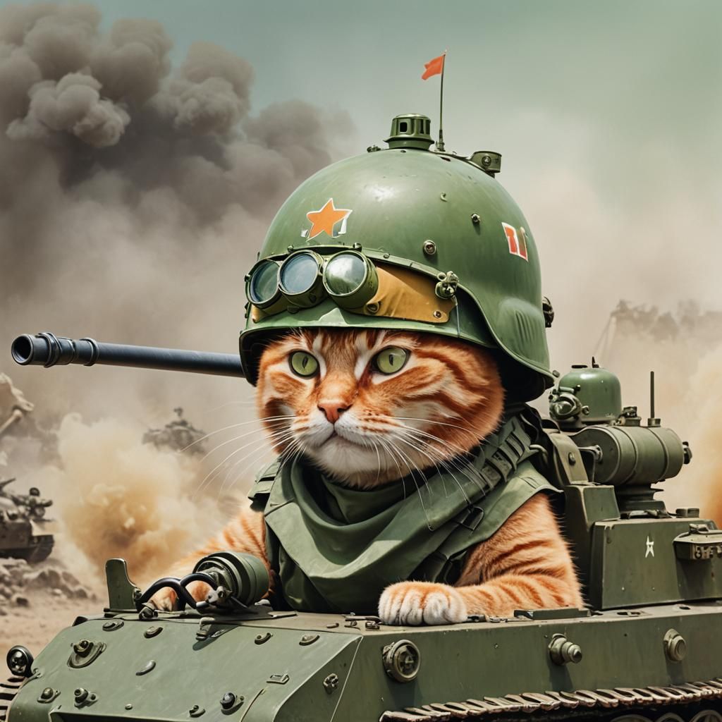 Orange Cat Drives Sherman Tank in Green Helmet