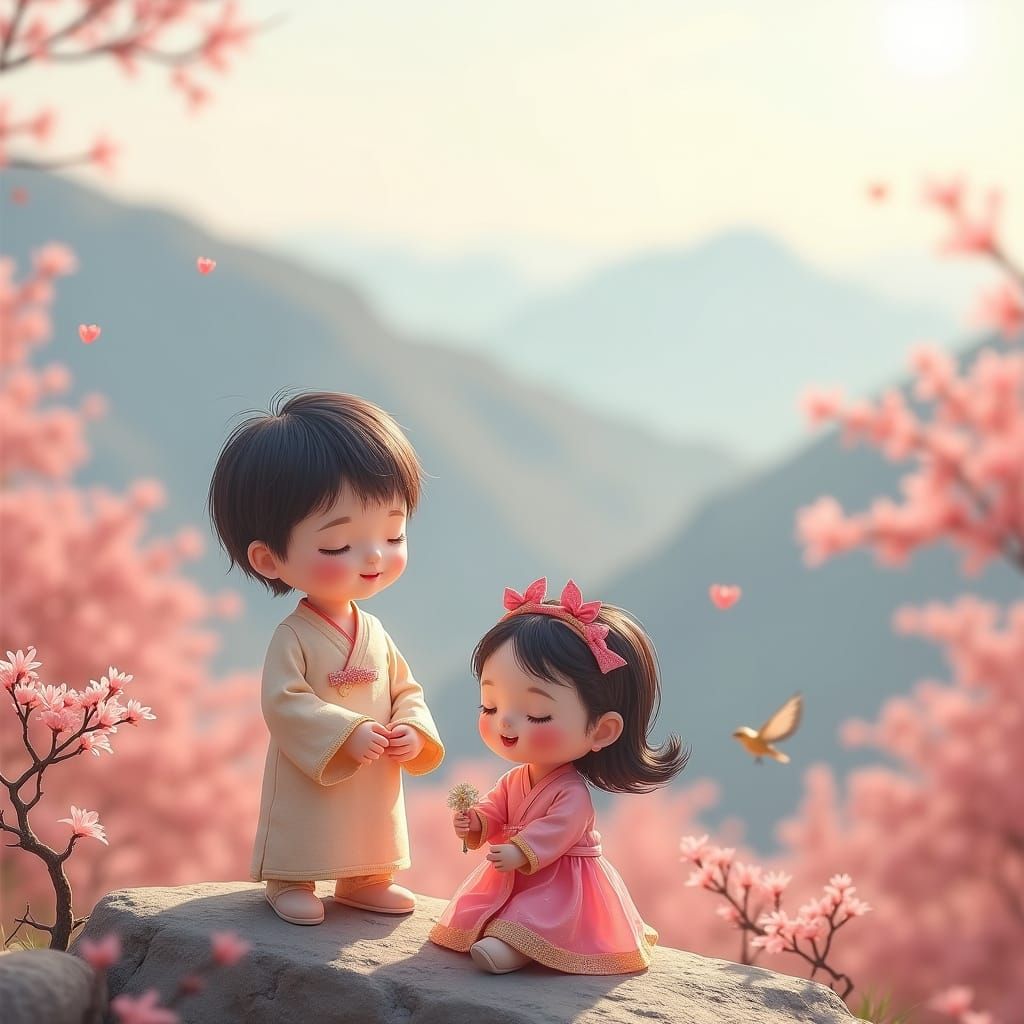 Cute Korean Children on Mountain with Nature View