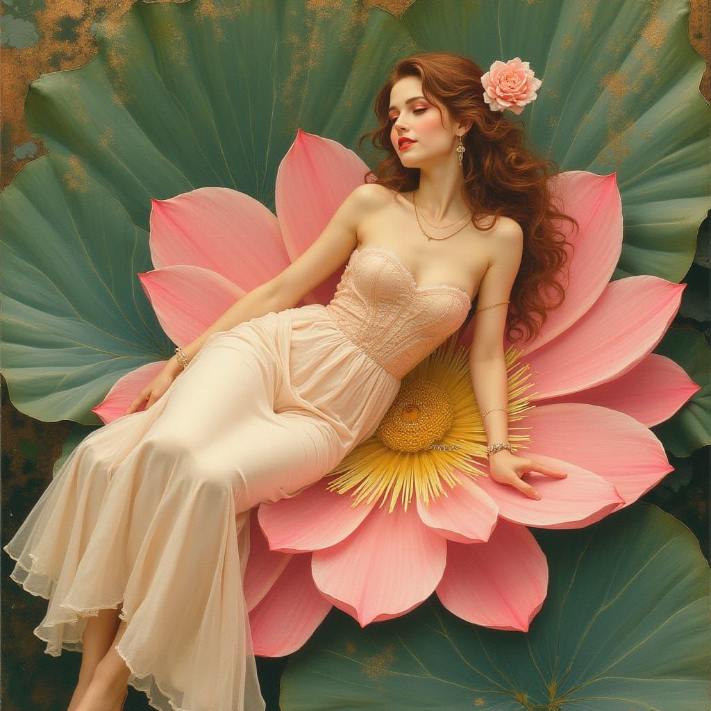 Elegant Roman Goddess in Lotus Robe, Seated on Rose Lotus