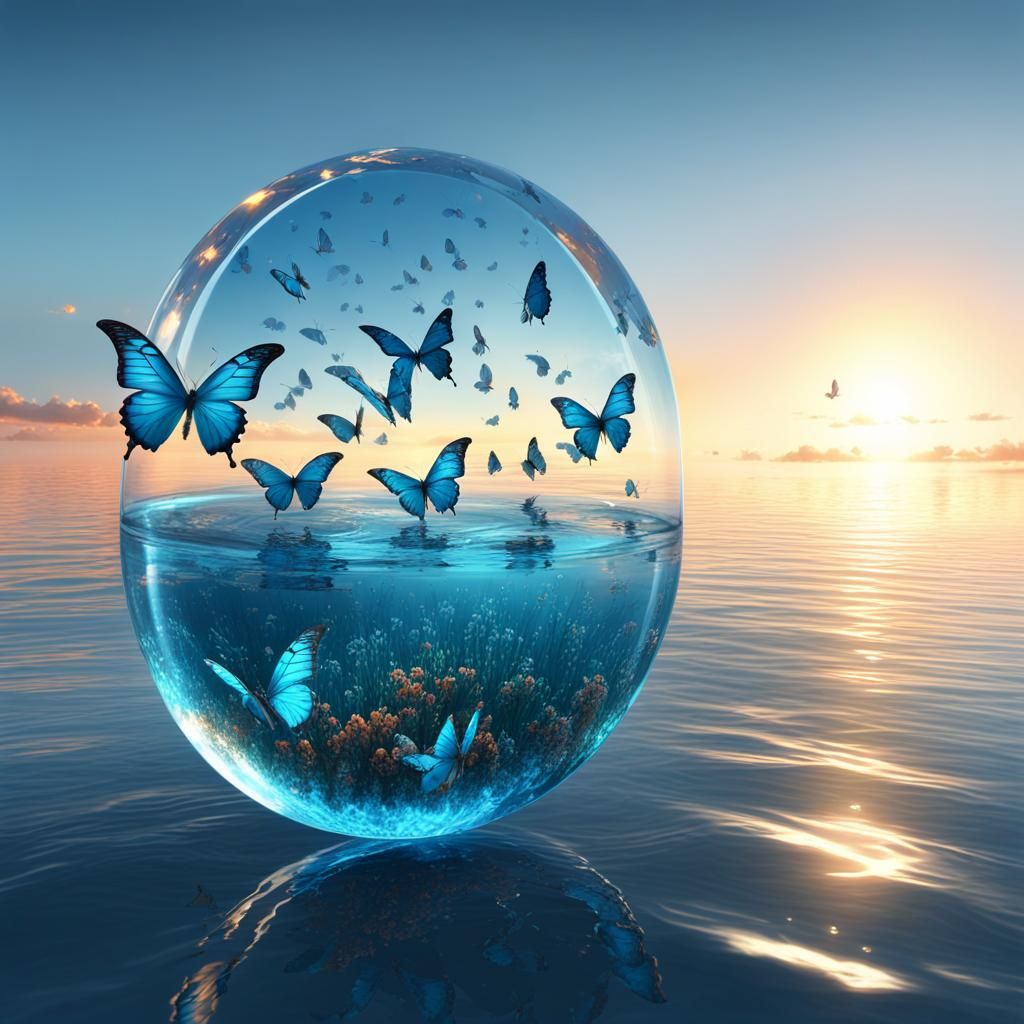 Ocean Surface with Transparent Shape and Butterflies