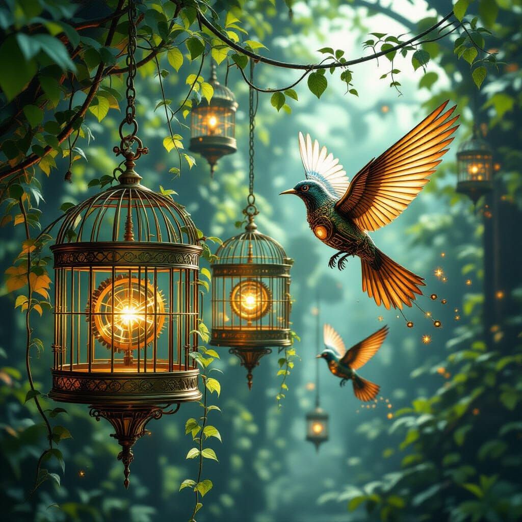 Steampunk Aviary With Mechanical Songbirds