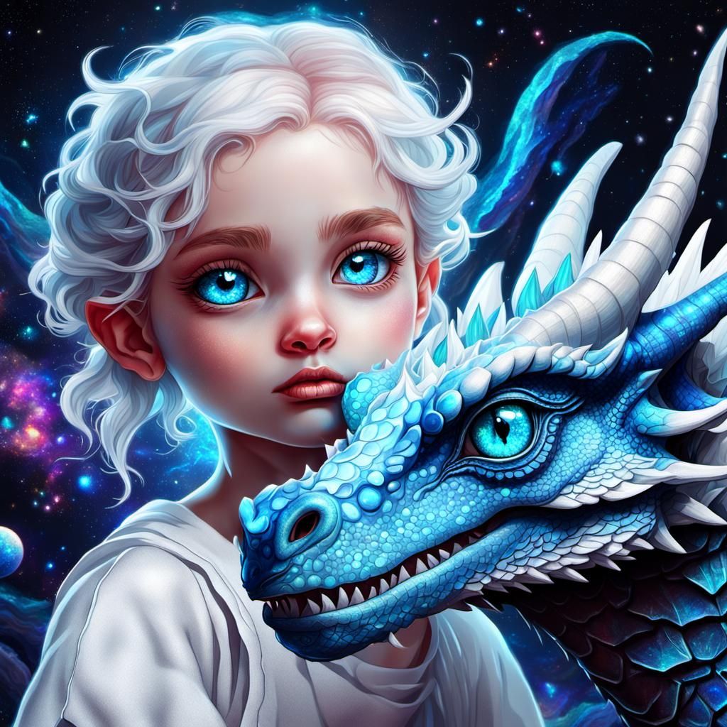 Cute Baby Girl with Astral Dragon, Mixed Media