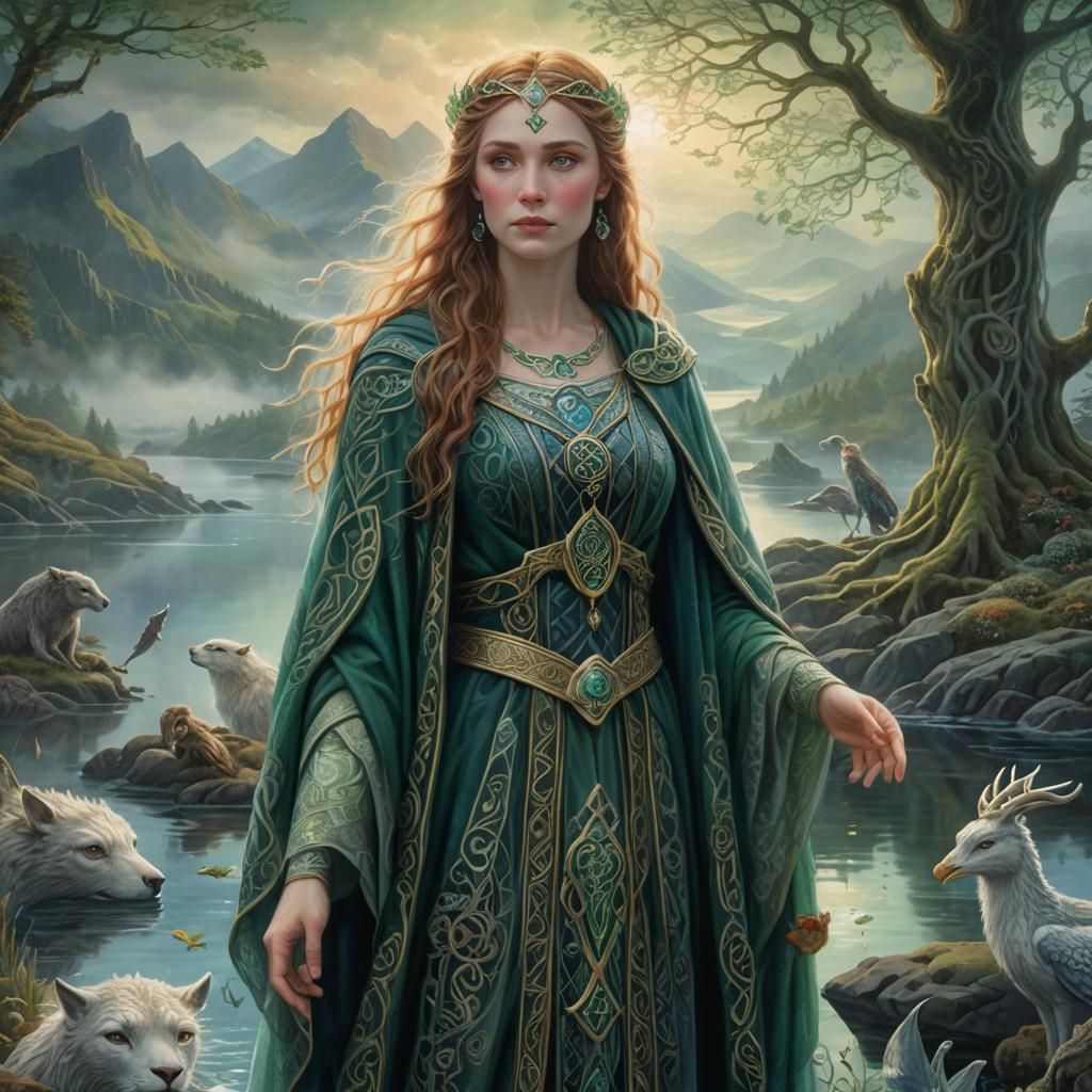 Celtic Priestess in Misty Loch with Mythical Creatures