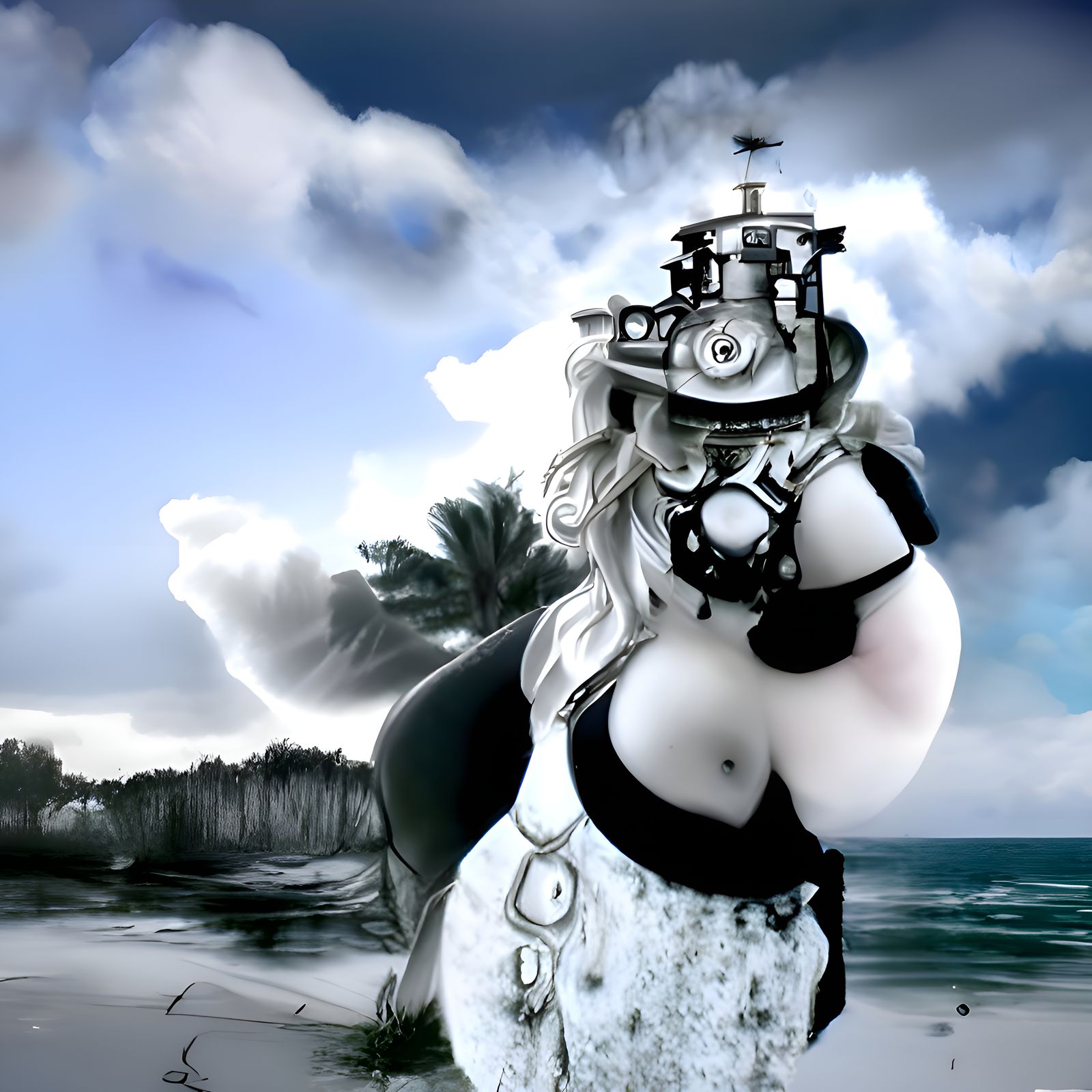 Steampunk Woman on Beach in Charcoal Style
