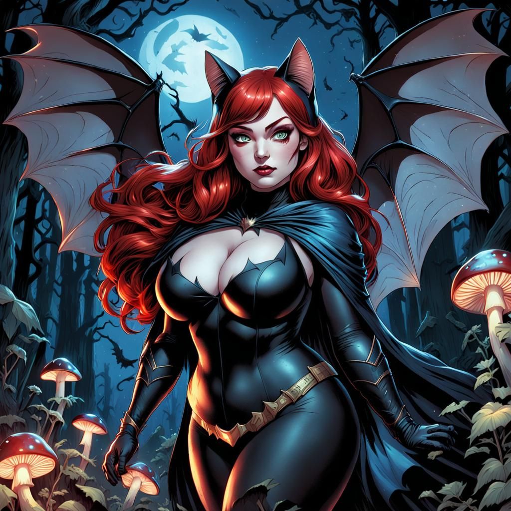 Anime Cat-Woman with Bat Wings in Magic Forest