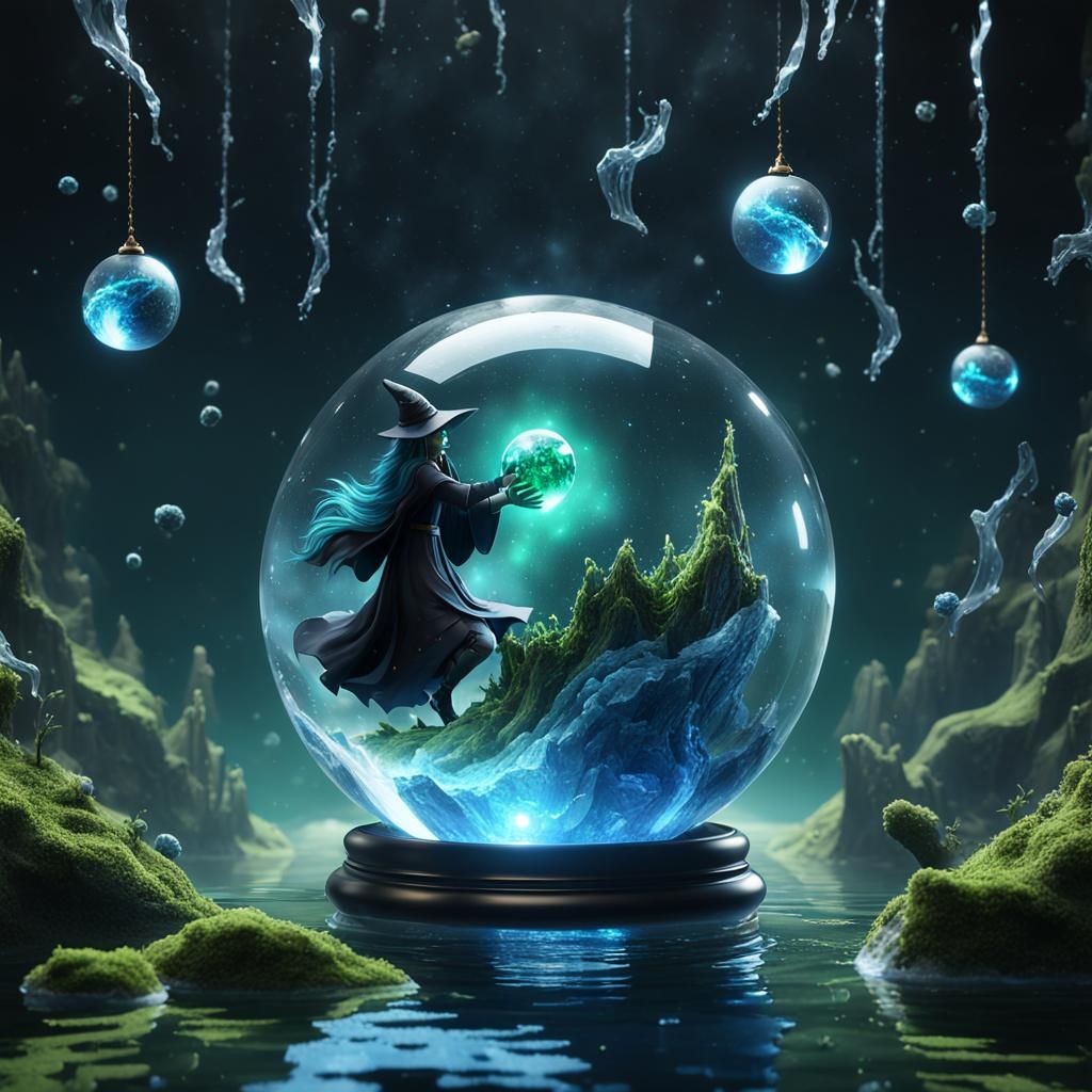 sound waves and music notes black witch with green hands holding blue  reflective crystal ball floating around star in o...