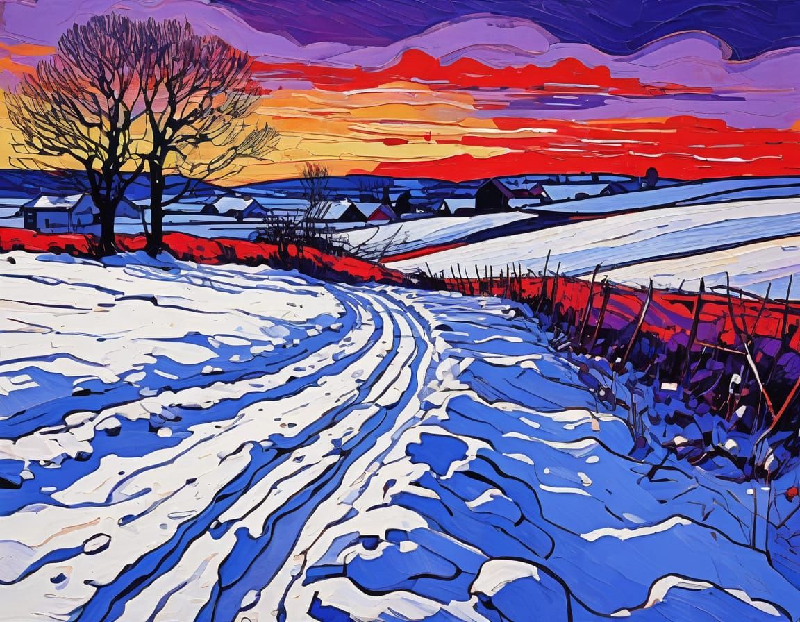 Grunge Winter Landscape with Expressive Sunset