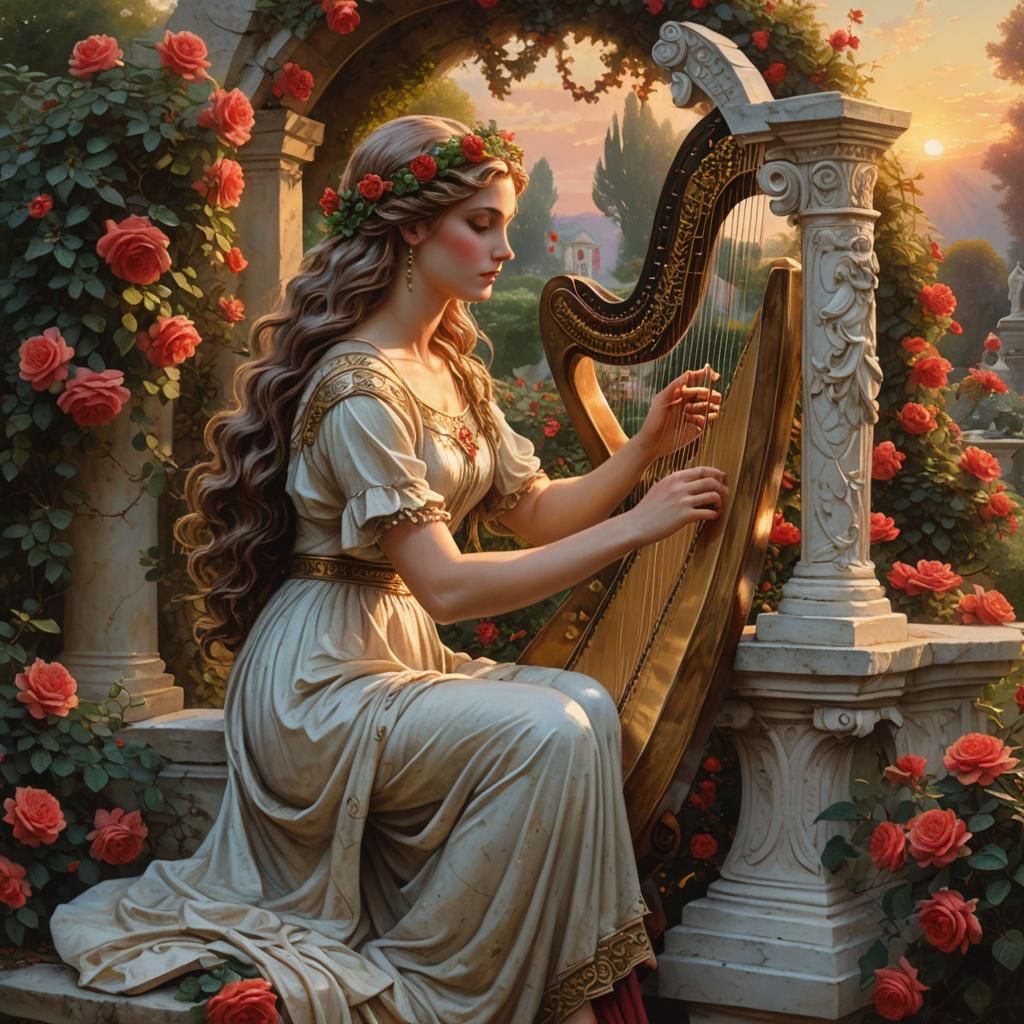 Girl Plays Harp in Renaissance Garden at Sunset
