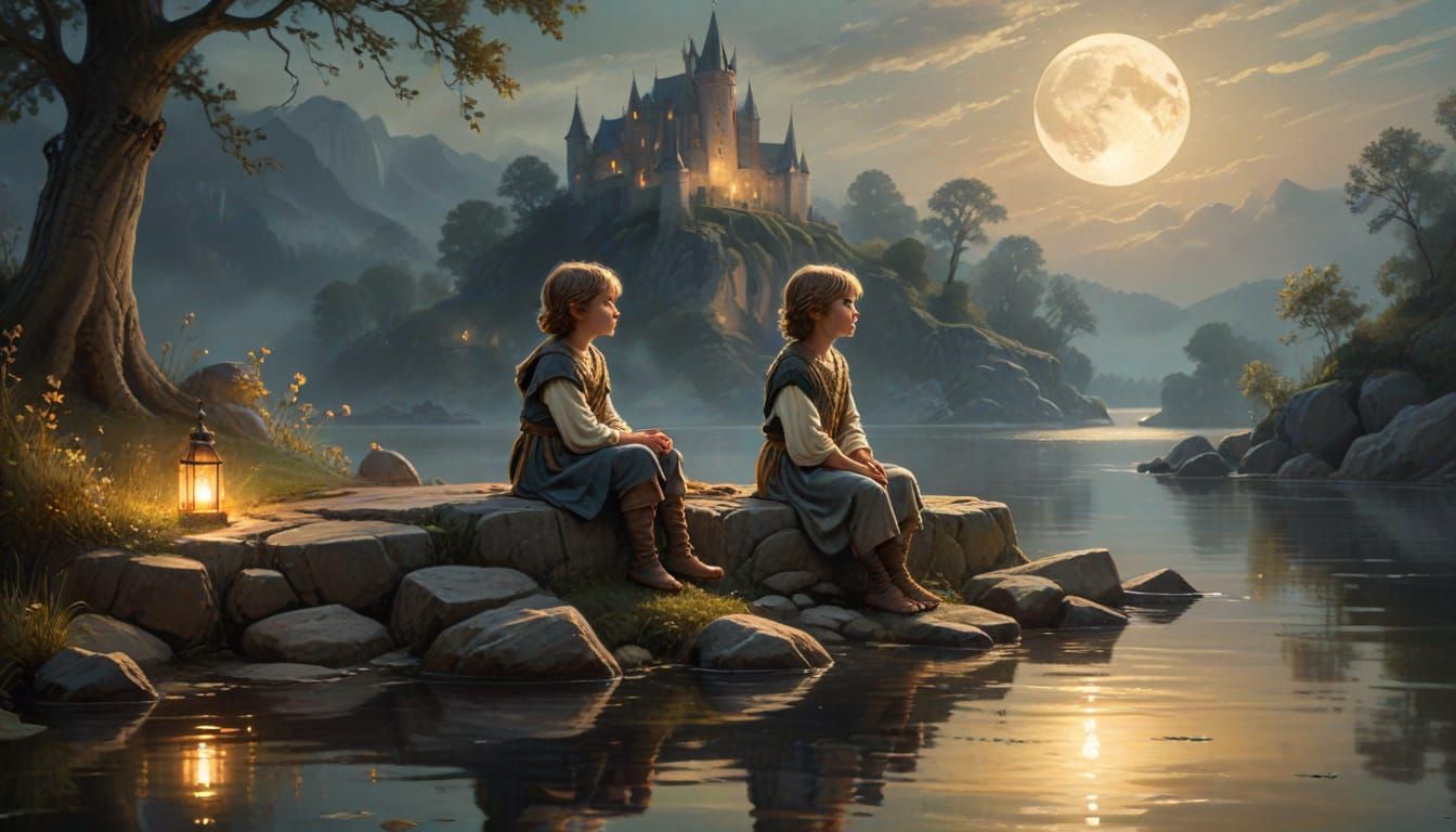 Ethereal Child Gazing at Moon in Impressionist Style