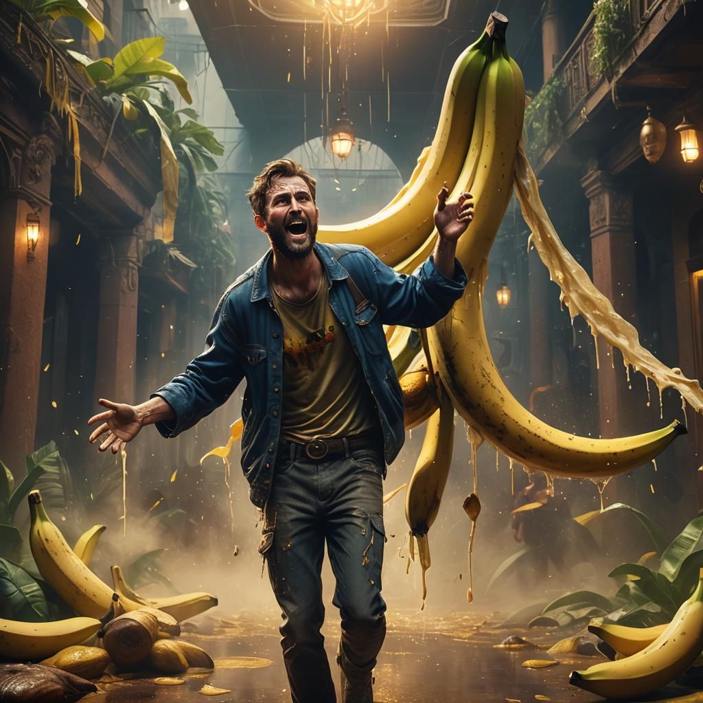 Scared Man Holding Banana: Fantastical Concept Art