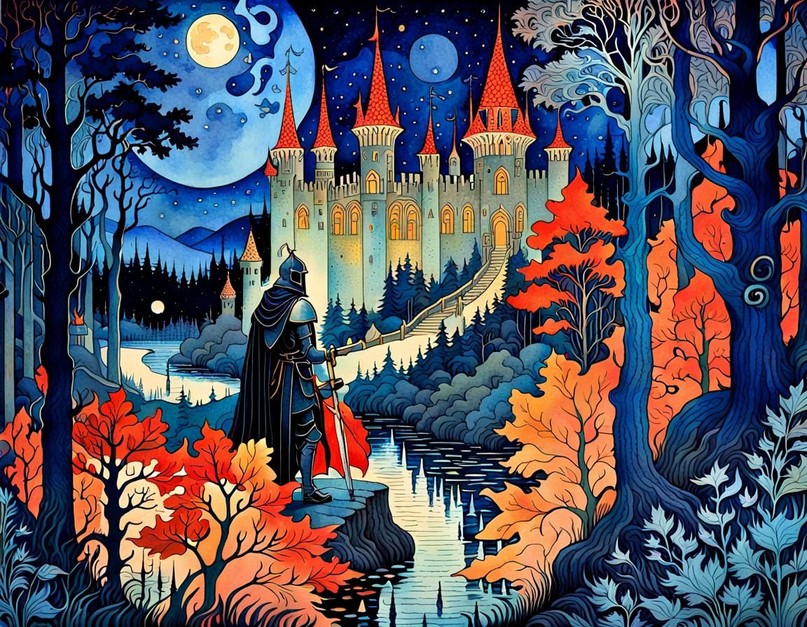 Knight in Occult Wonderland, Bilibin Watercolor Style