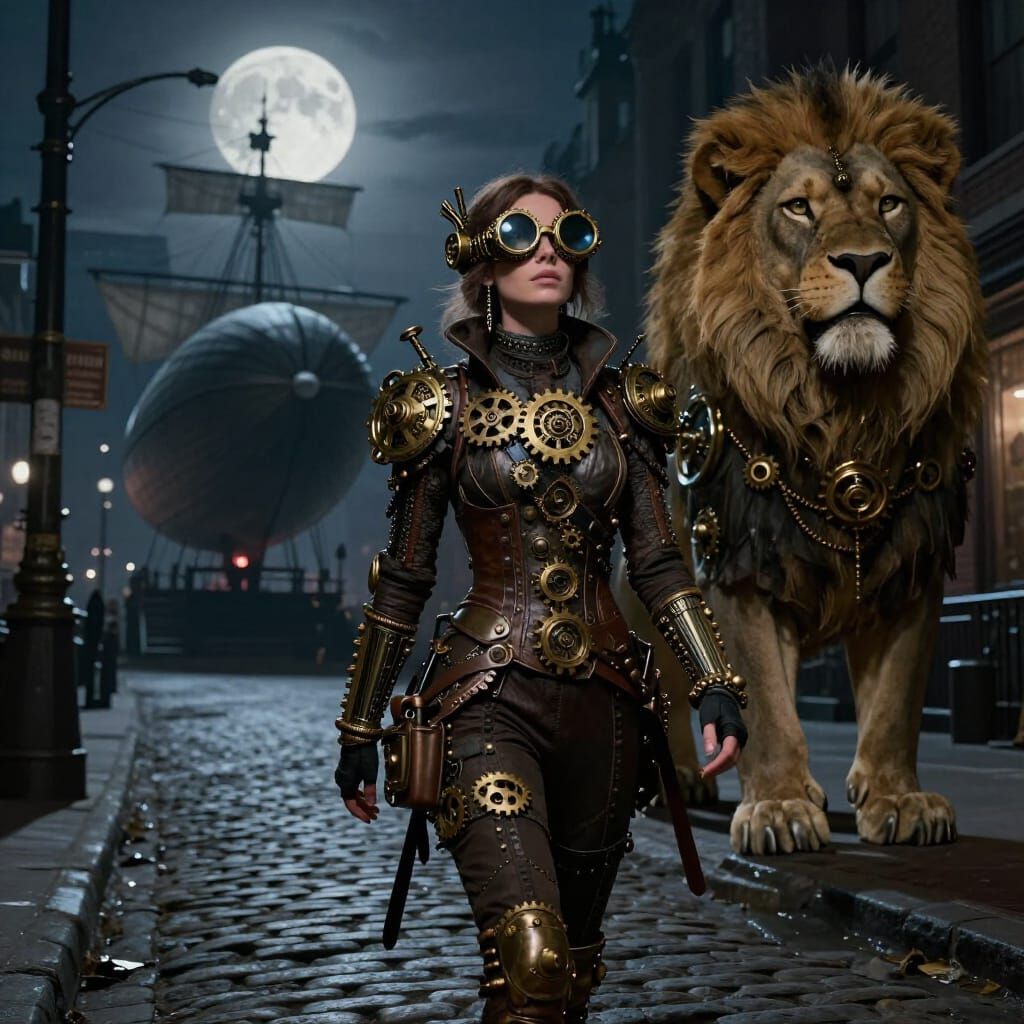 Steampunk Woman and Lion in Moonlit New York Street