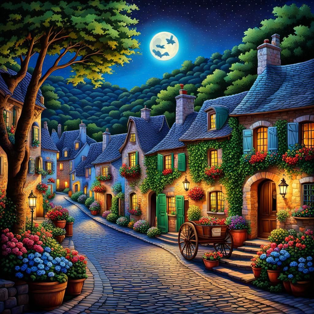 Enchanted French Village in Folk Art Style