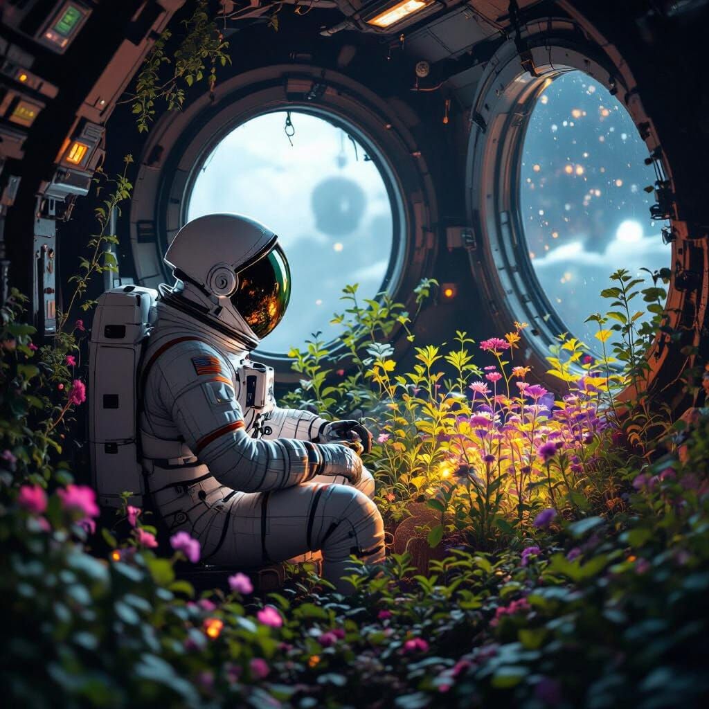 Astronaut Gardener in Bioluminescent Spaceship Garden