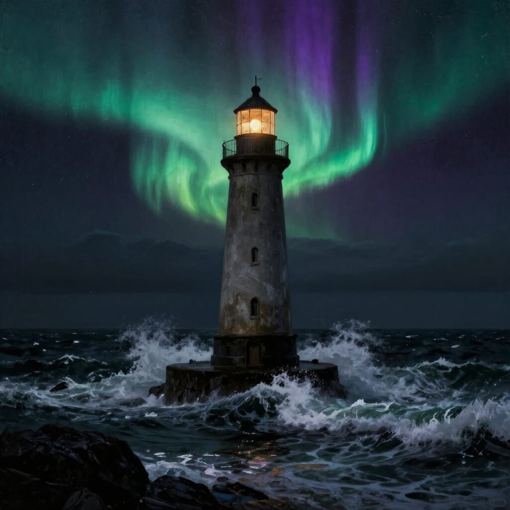 Ancient Lighthouse in Aurora Borealis Storm