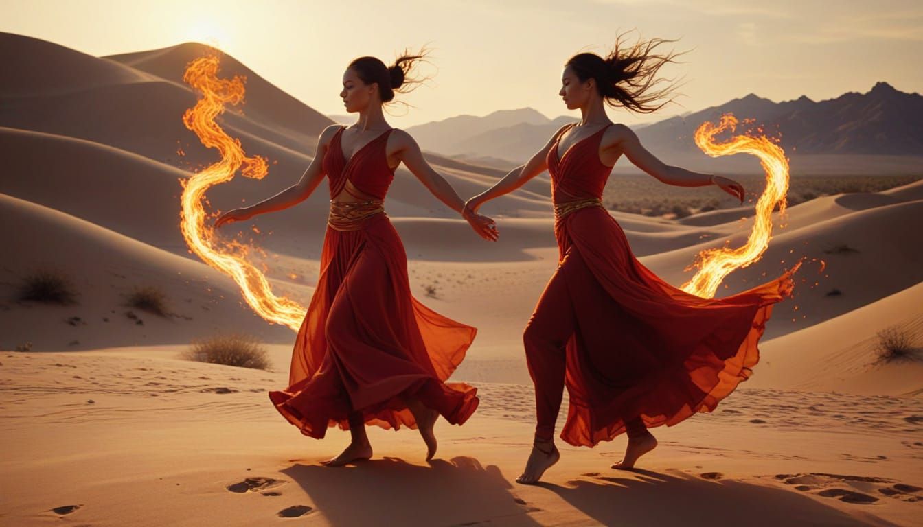 Fire Dance in the Desert: A Cinematic Oil Painting