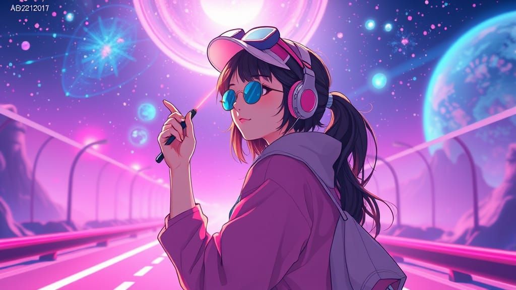 Anime Girl Explorer in Pink Line Art Style