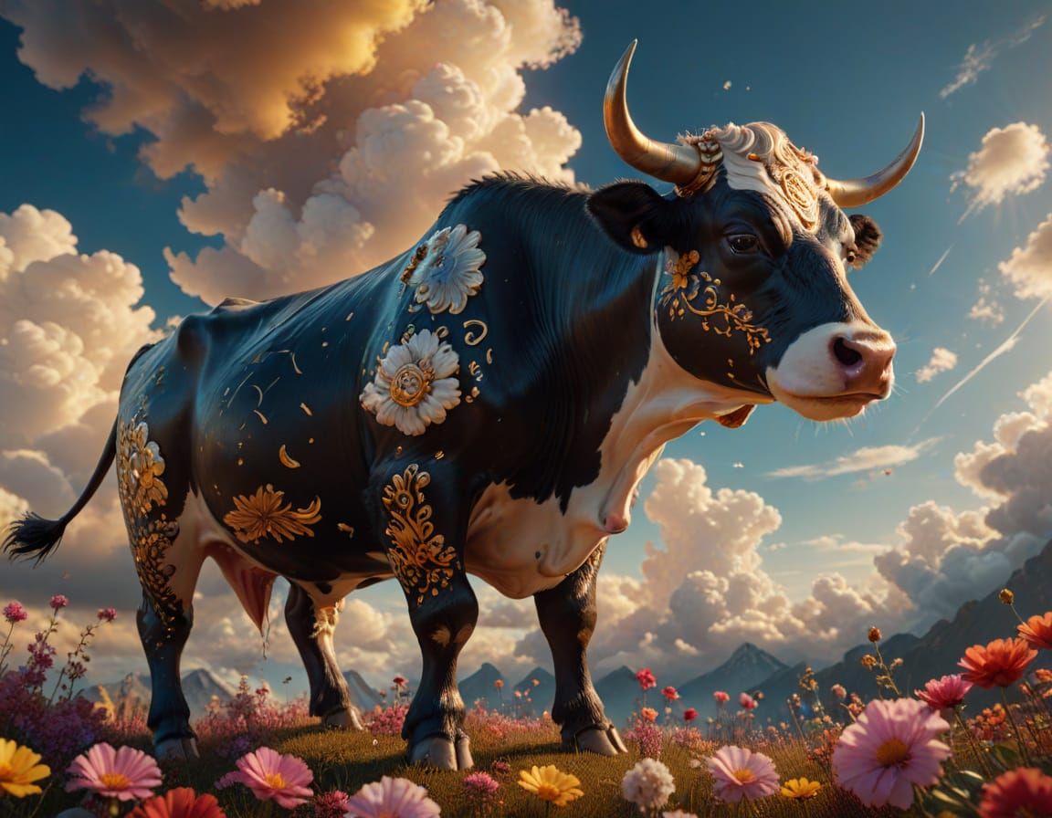 Majestic Zodiac Cow-Bull with Tattoos in 3D