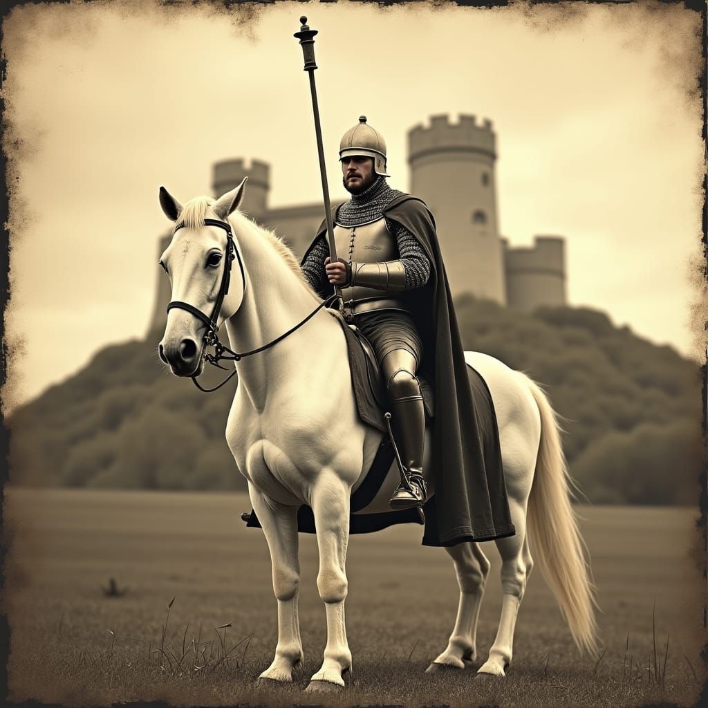 Medieval Knight on Horseback: Old Sepia Photograph