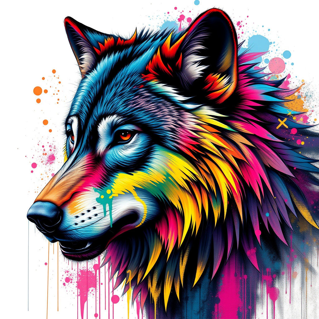 Polychromatic Graffiti Wolf in Street Art Style