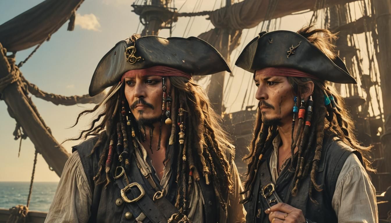 Johnny Depp as Jack Sparrow, faces off  nose to nose with Je...
