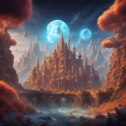 Fantasy Castle on Cliff with Three Moons