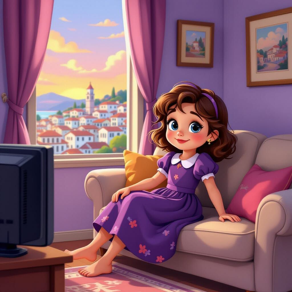 Italian Girl Relaxing on Couch in 1980s Living Room