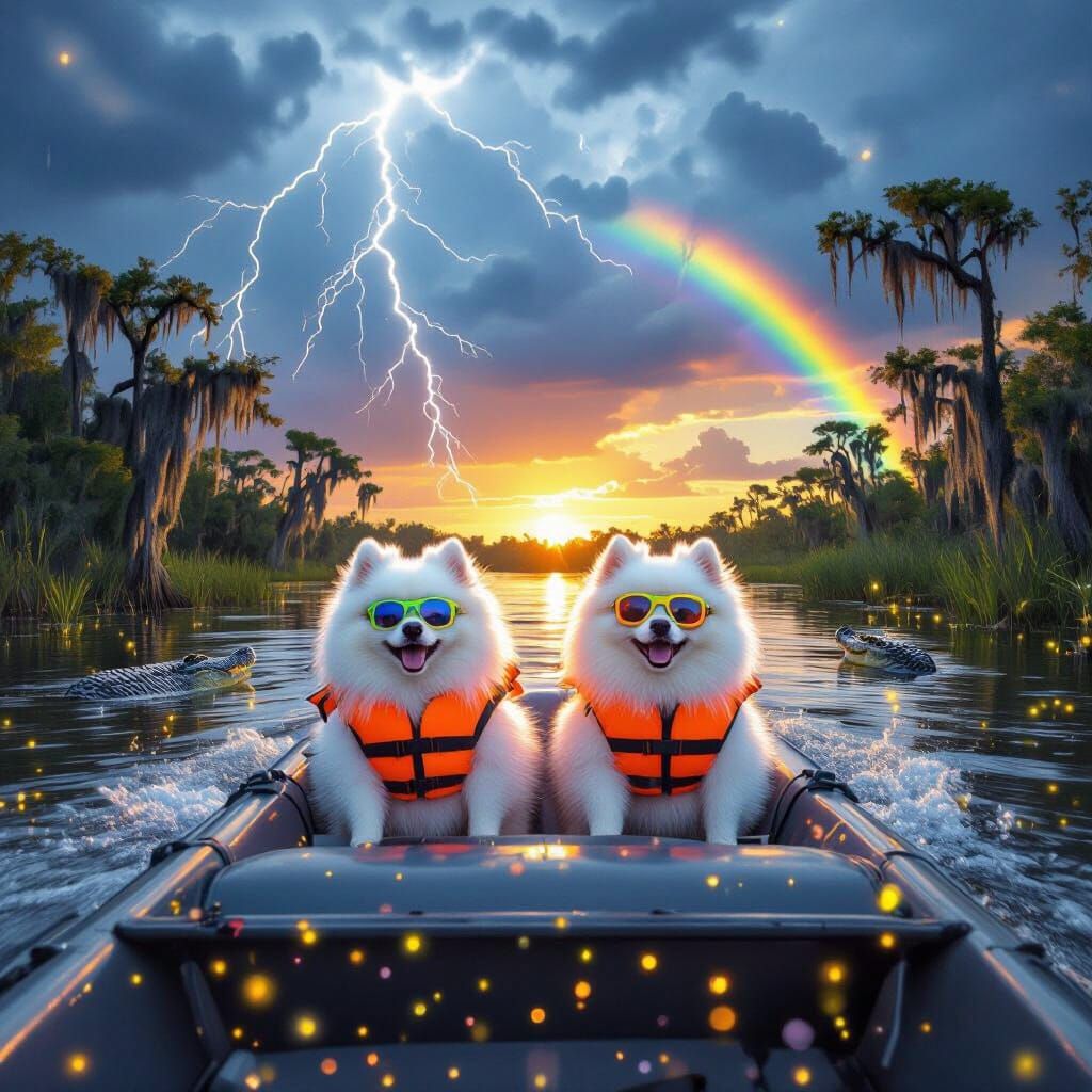Pomeranians on Airboat in Everglades with Gators and Rainbow...