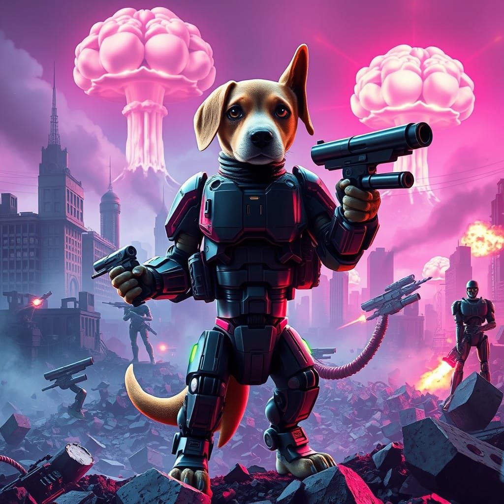 Cyberpunk Android Beagle Fights Terminator Robots in Ruined....