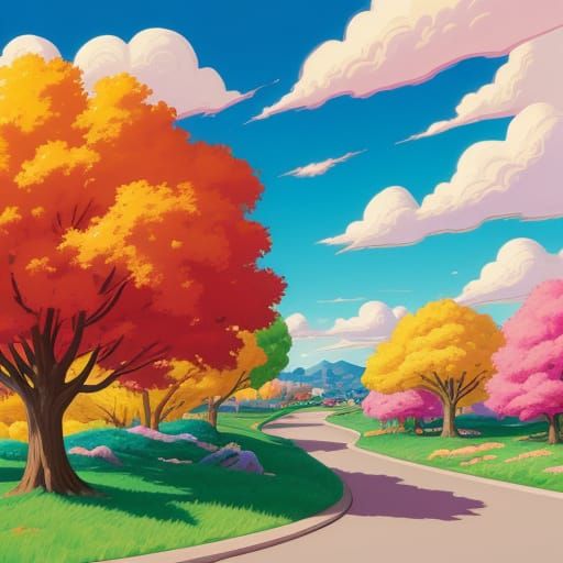 Whimsical Cartoon Character Runs Through a Colorful Landscap...