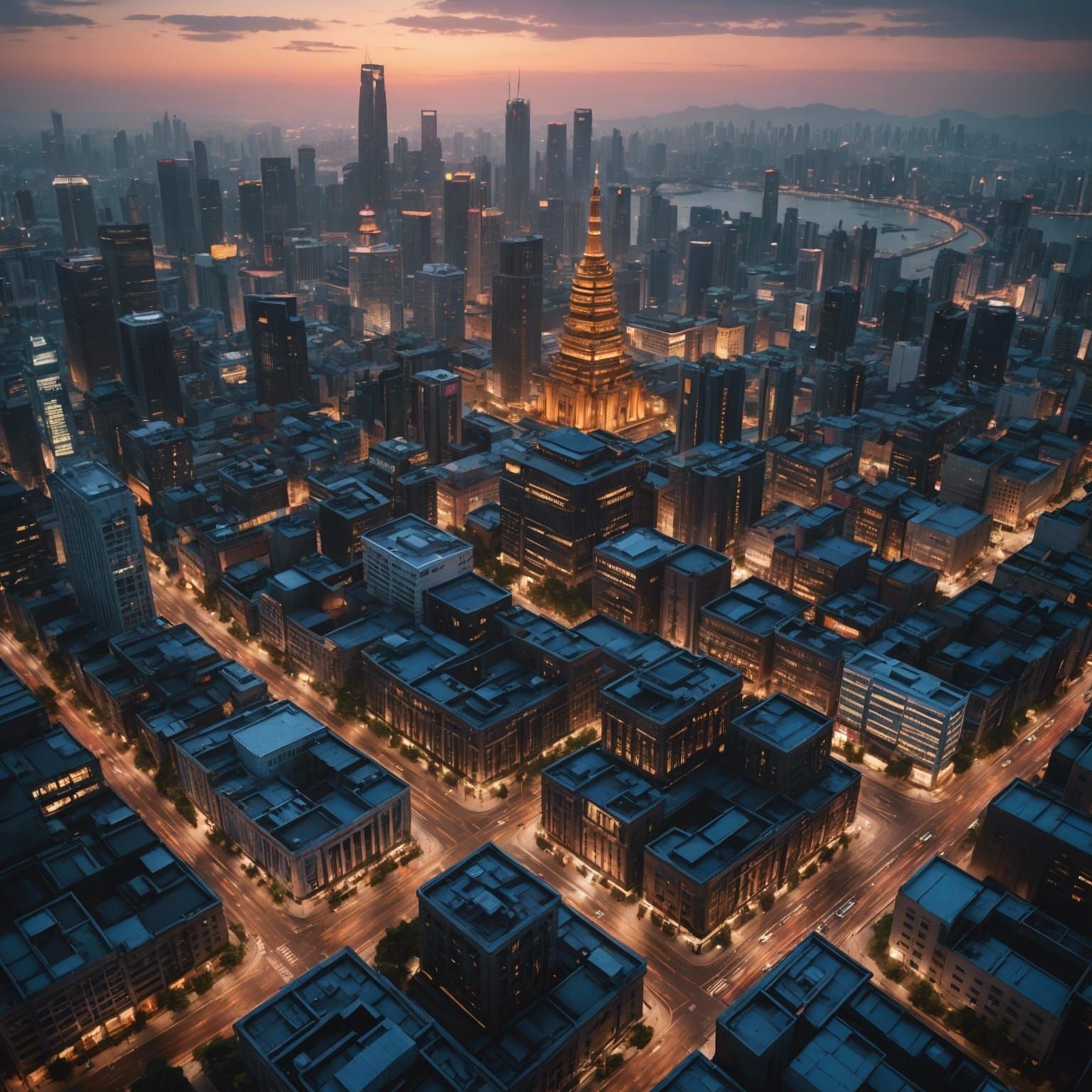 Asian Cityscape Aerial View at Dusk: Fantasy Concept Art