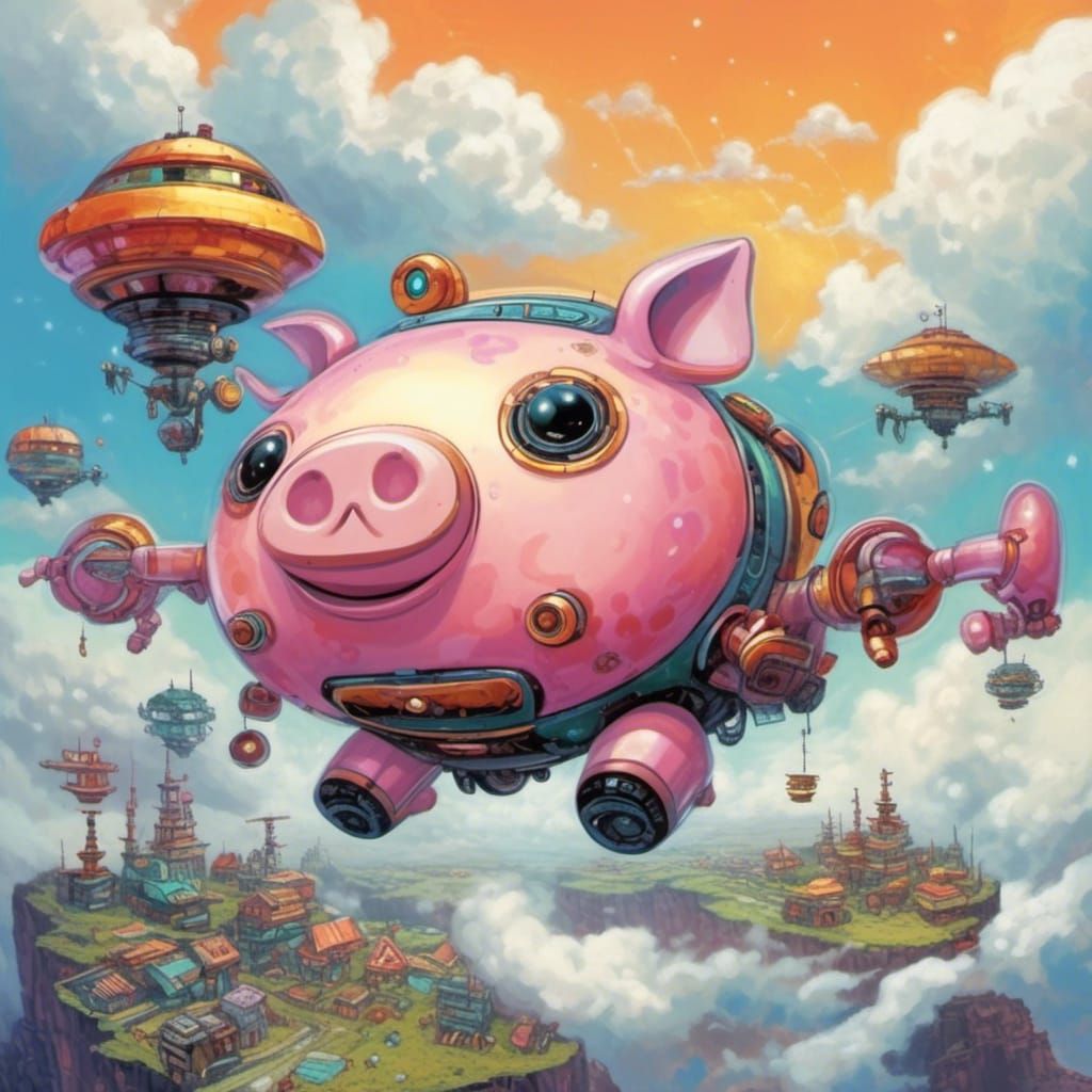 Flying Robot Pig in Sin City Style