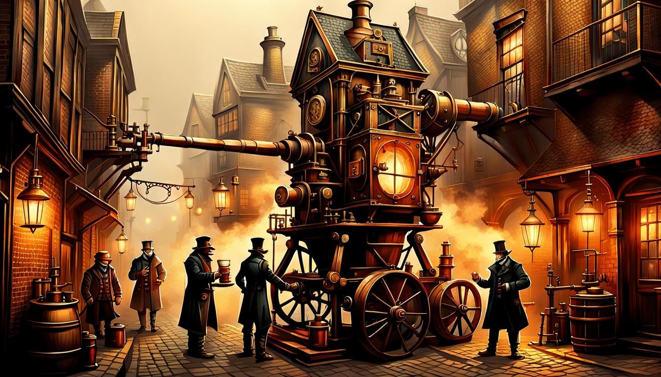Steampunk Inventors Prepare Trebuchet in Foggy Alleyway