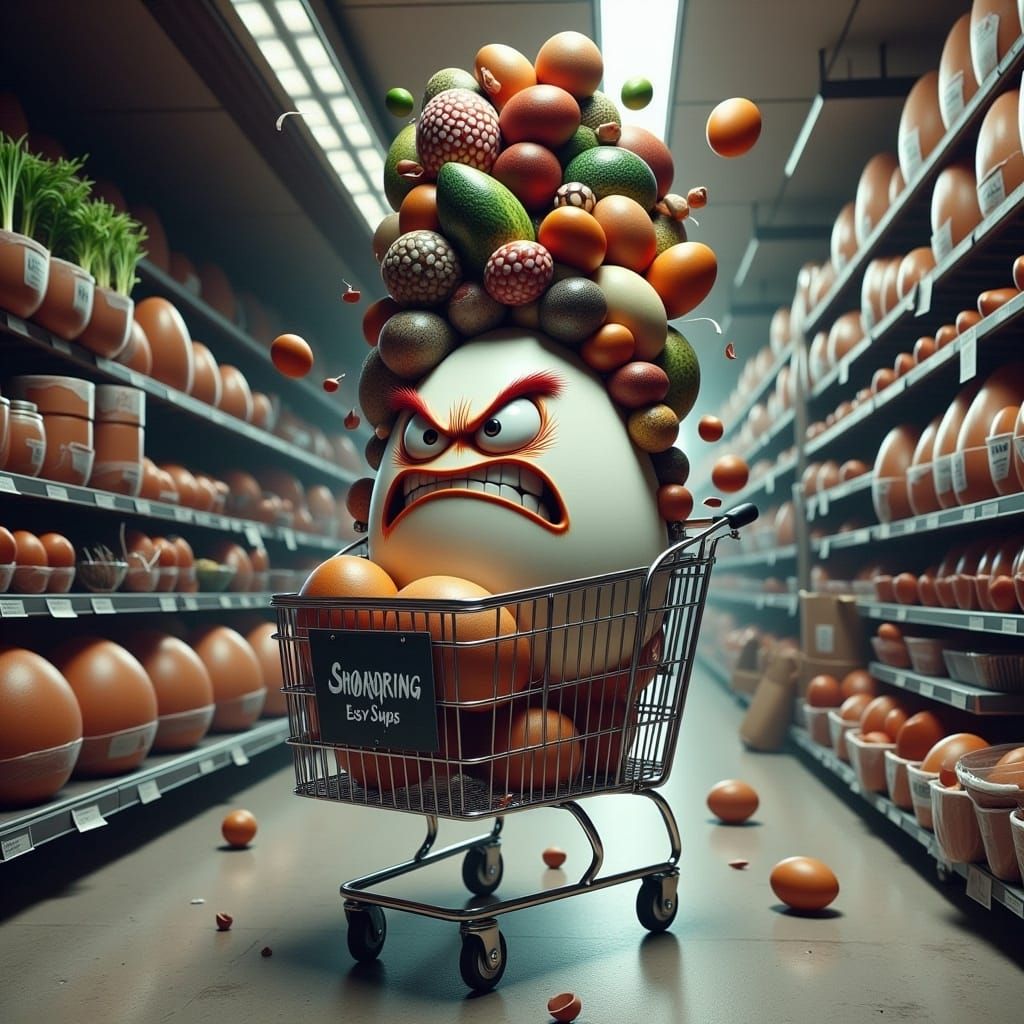 Angry Egg Shopper in a Hyper-Maximalist Store